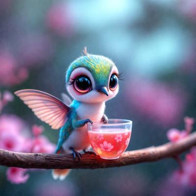 The primary subject of the image is a small, colorful bird perched on a branch. The bird is holding a cup, possibly containing a drink. The setting is a pink flower-filled background, which adds a vibrant and lively atmosphere to the scene. The visual style of the image is a combination of photo and digital art, creating a unique and eye-catching illustration. The colors and mood of the image are predominantly pink and cheerful, reflecting the bird's innocence and the